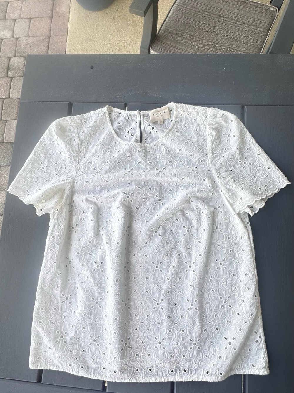 Sezane blouse crafted from intricate floral eyelet fabric size 40